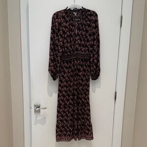 Max Studio Black Pink Floral Long Sleeve Dress Floor length maxi tiered L